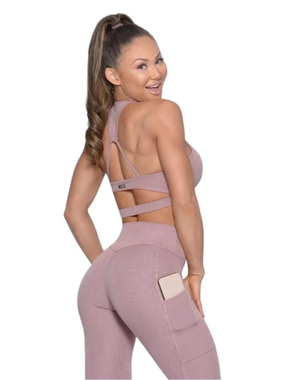 Bombshell Sportswear Sports Bra Dusty Rose‎ Pink Women's Medium Cut-Out Ribbed